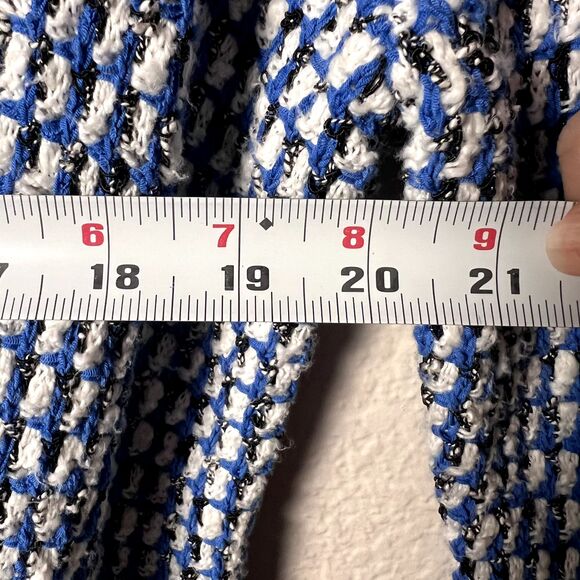 Kasper Sz L Open Cardigan Sweater Cabana Blue White Black Seed Stitch Fringe - Picture 11 of 12